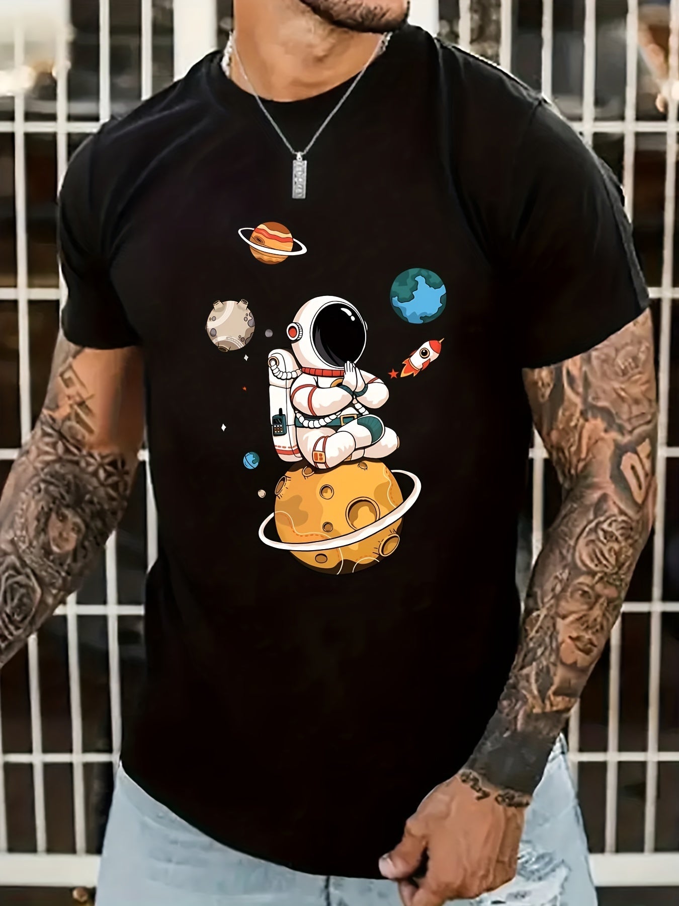 Summer Men's Casual Street Style Elastic Round Neck T-shirt With Cartoon Astronaut And Planet Patterns Apparel/Shirt/Graphic Shirt SNULLO https://www.cyberehub.com