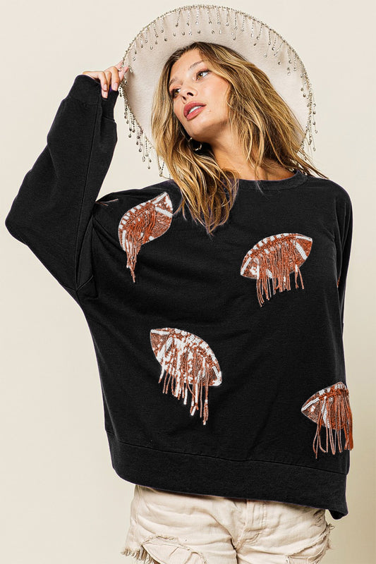 BiBi Sequin Fringe Football Patch Round Neck Sweatshirt Black Bronze Tops/Jackets/Sweaters BiBi Clothing Tops Ship from USA TikTok Trendsi USPS Walmart Trendsi https://www.cyberehub.com