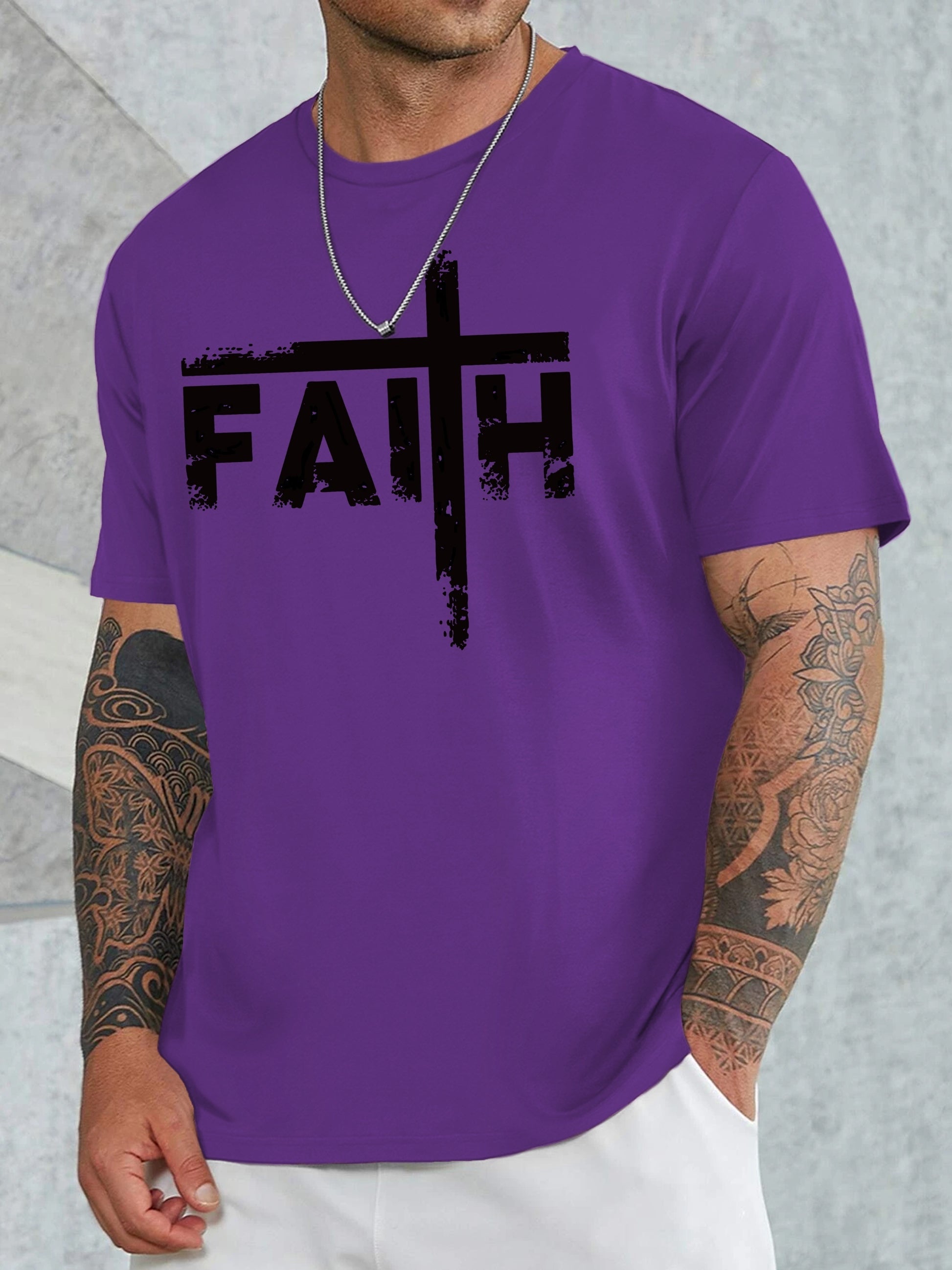 Large Men's Casual Fashion Sports T-shirt, Faith Pattern Round Neck Comfortable T-shirt Summer Clothing Apparel/Shirt/Graphic Shirt SNULLO https://www.cyberehub.com
