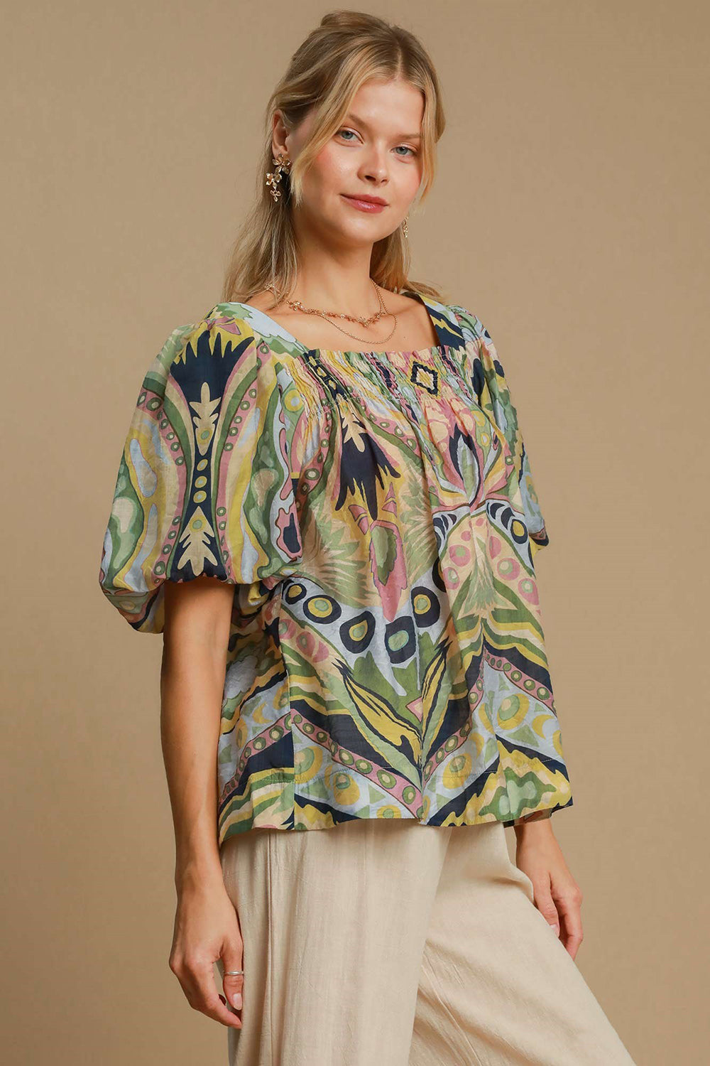 Umgee Full Size Abstract Print Smocked Square Neck Puff Sleeve Blouse Green Mix Apparel/Tops Ship from USA TikTok Tops Trendsi Umgee USA USPS Walmart Walmart Apparel Trendsi https://www.cyberehub.com