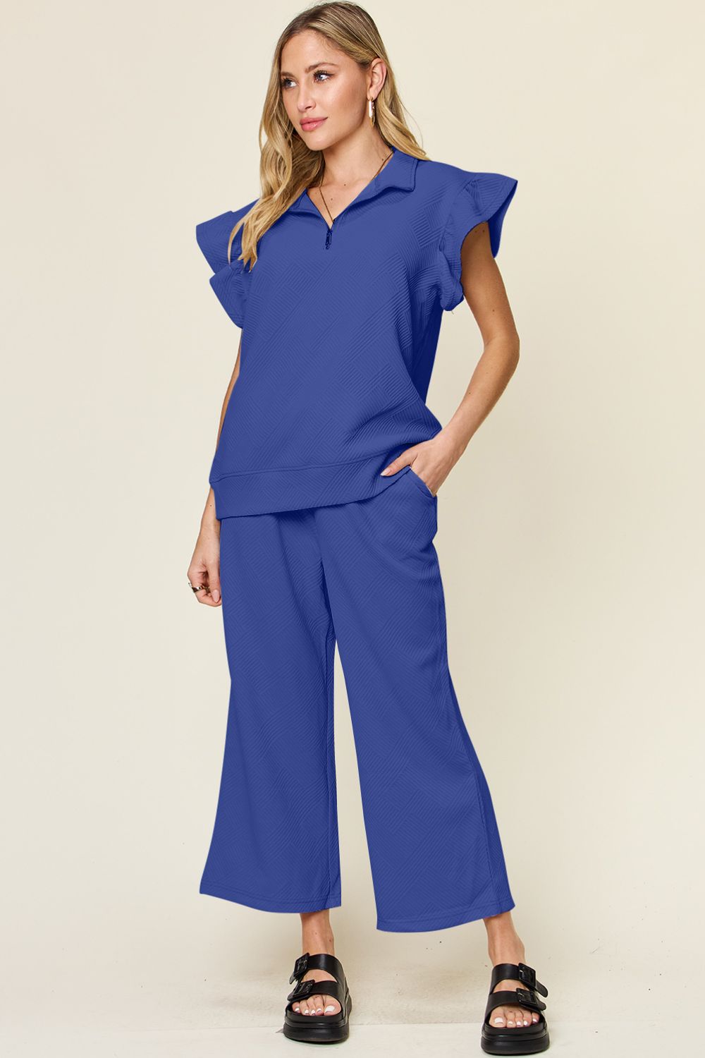 Double Take Texture Ruffle Short Sleeve Top and Drawstring Wide Leg Pants Set Apparel/Tops Double Take Ship from USA TikTok Tops Trendsi USPS Walmart Walmart Apparel Trendsi https://www.cyberehub.com