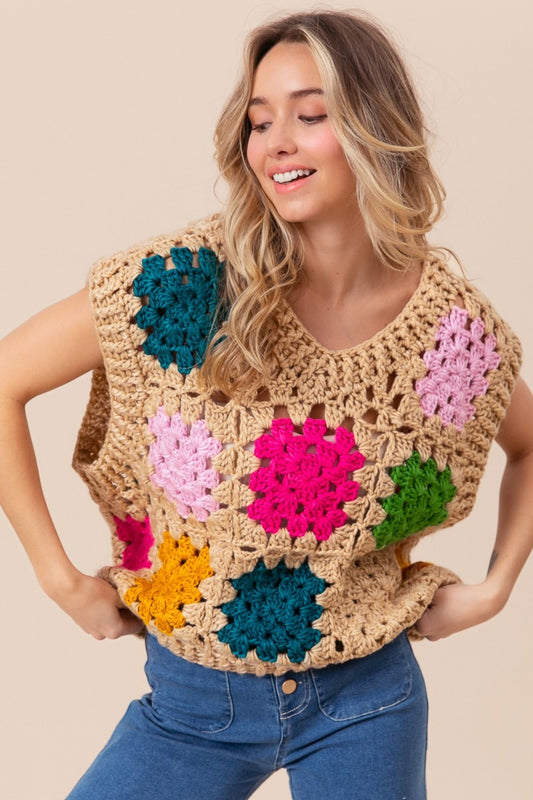 BiBi Granny Square Openwork Sweater Vest Taupe Shirt Apparel BiBi Clothing Tops Ship from USA Shirts USA Women Trendsi https://www.cyberehub.com