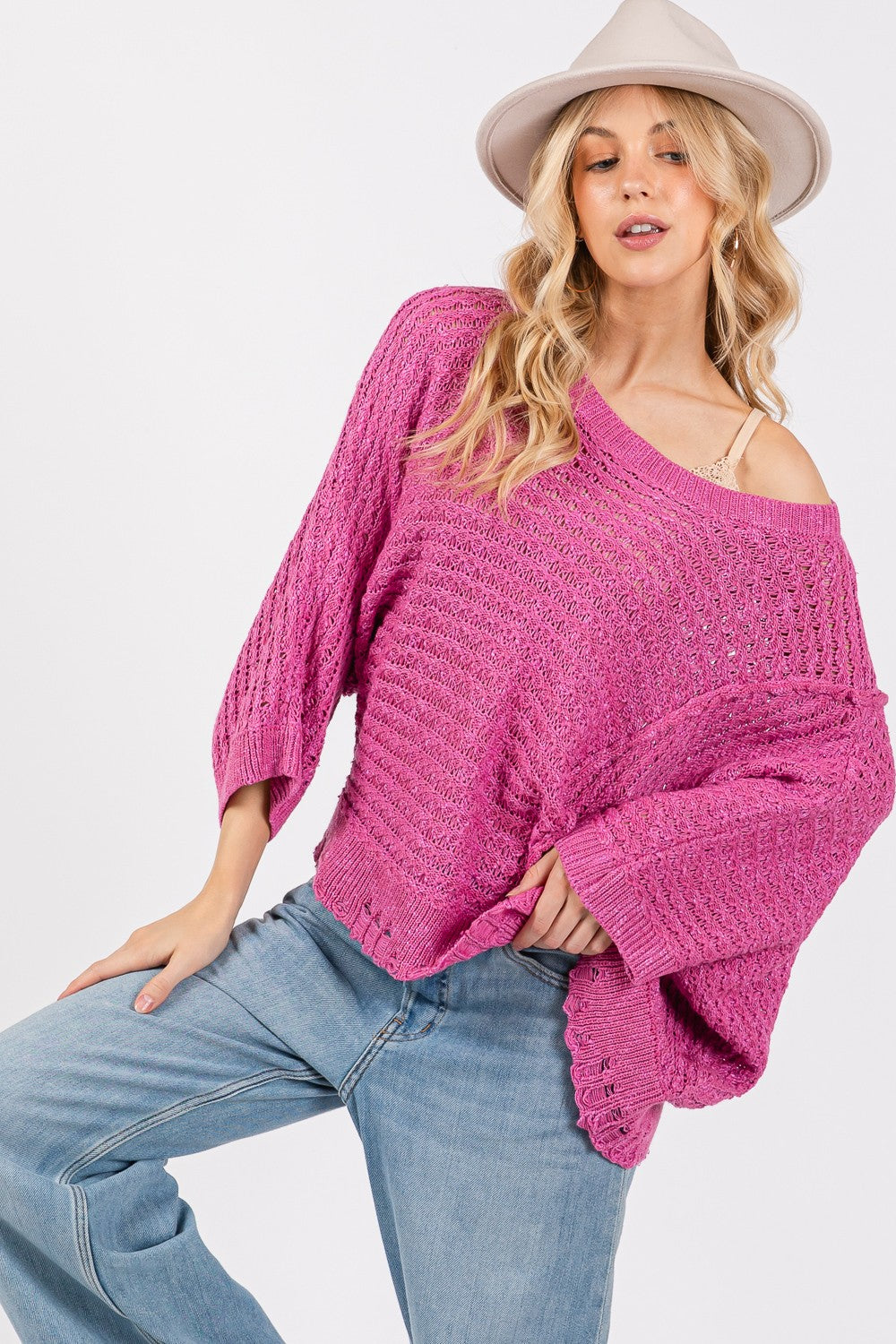 SAGE + FIG Distressed Asymmetrical Open Stitch Sweater Shirt Apparel Clothing Tops SAGE+FIG Ship from USA Shirts USA Women Trendsi https://www.cyberehub.com