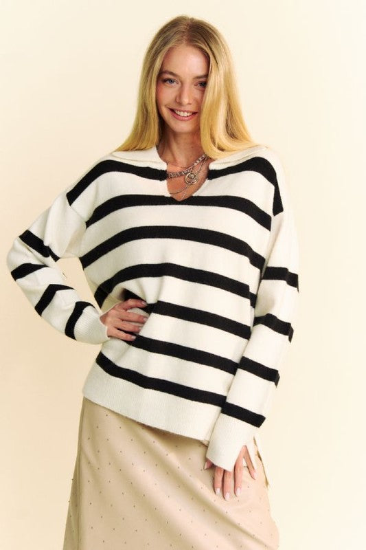 Davi & Dani High-Low Side Slit Striped Johnny Collar Sweater White Tops/Jackets/Sweaters Clothing Tops Davi & Dani Ship from USA TikTok Trendsi USPS Walmart Trendsi https://www.cyberehub.com