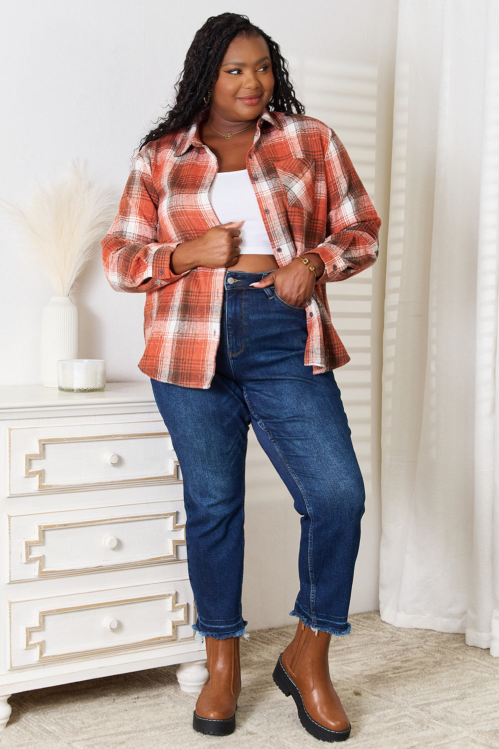 Plaid Collared Neck Long Sleeve Shirt Apparel/Tops Ship from USA SYNZ TikTok Tops Trendsi USPS Walmart Walmart Apparel Trendsi https://www.cyberehub.com