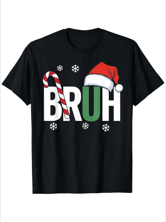 Men'S Casual Christmas T-Shirt , Round Neck, Festive Bruh Graphic With Santa Hat, Soft Knit Fabric, Seasonal Holiday Tee Apparel/Shirt/Graphic Shirt SNULLO https://www.cyberehub.com