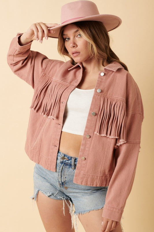 Mittoshop Fringe Detail Cotton Twill Jacket Dusty Blush Shirt Apparel Clothing Tops Mittoshop Ship from USA Shirts USA Women Trendsi https://www.cyberehub.com