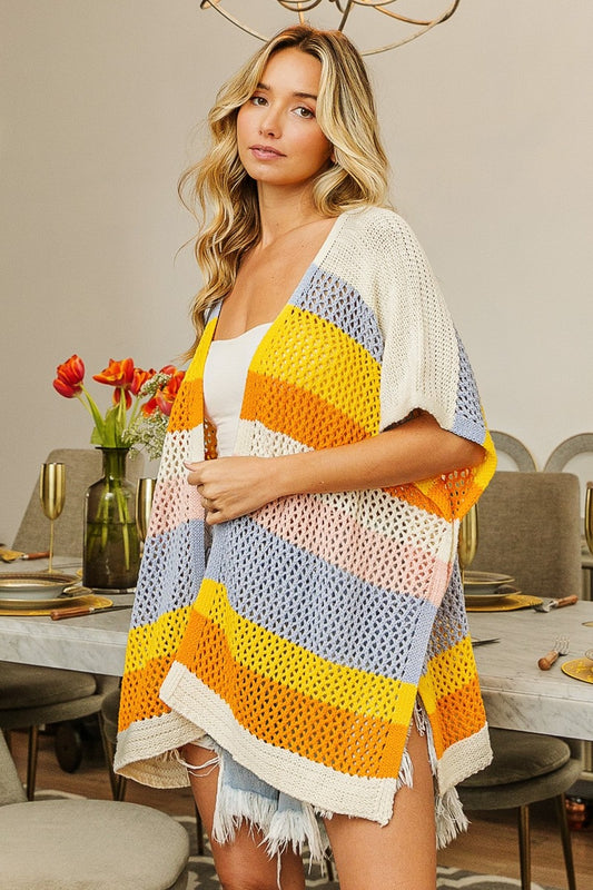 BiBi Openwork Striped Open Front Knit Cardigan Denim Must Org Blush Shirt Apparel BiBi Clothing Tops Ship from USA Shirts USA Women Trendsi https://www.cyberehub.com