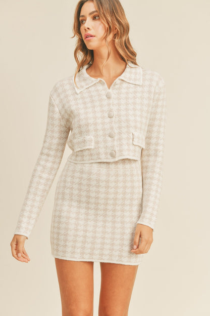 MABLE Houndstooth Cropped Knit Cardigan and Mini Skirt Set Dusty Pink Shirt Apparel Clothing Tops MABLE Ship from USA Shirts USA Women Trendsi https://www.cyberehub.com