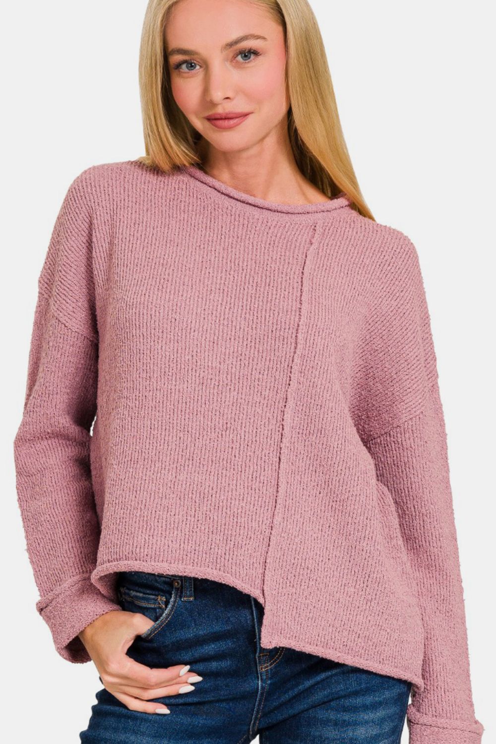 Zenana Asymmetric Hem Drop Shoulder Sweater Lt Rose Shirt Apparel Clothing Tops Ship from USA Shirts USA Women Zenana Trendsi https://www.cyberehub.com