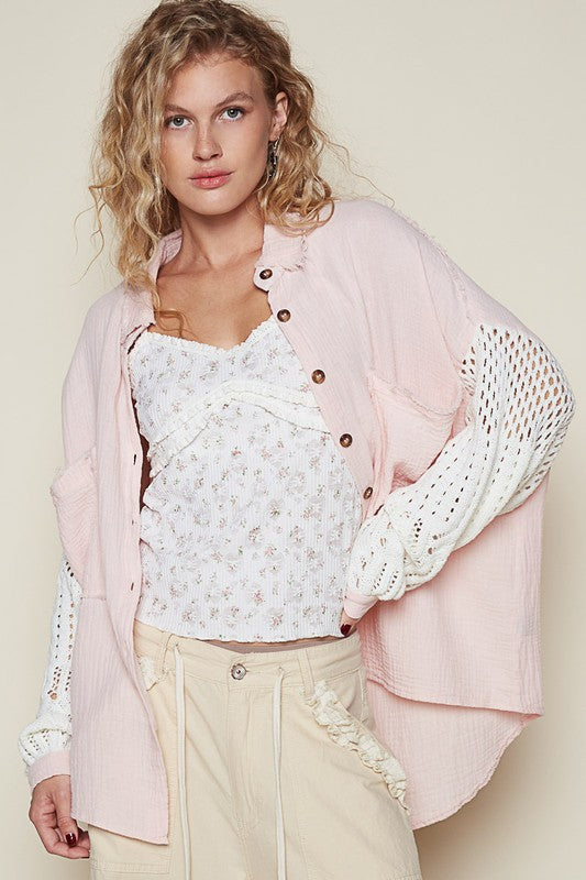 POL Openwork Lantern Sleeve Button Down Gauze Shirt Blush Pink Apparel Apparel POL Ship from USA TikTok Trendsi Trendsi https://www.cyberehub.com