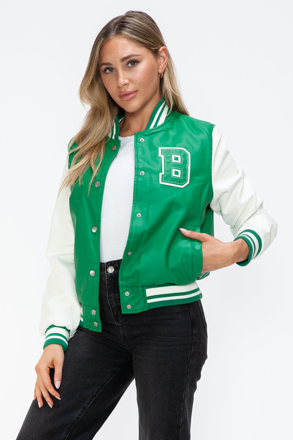 Love Me Now PU Leather Contrast Snap Down Bomber Jacket Tops/Jackets/Sweaters Clothing Tops Love Me Now Ship from USA TikTok Trendsi USPS Walmart Trendsi https://www.cyberehub.com