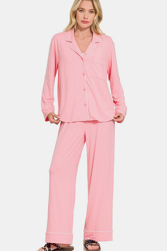 Zenana Button Down Long Sleeve Top and Pants Lounge Set Pink Apparel Apparel Ship from USA TikTok Trendsi Zenana Trendsi https://www.cyberehub.com