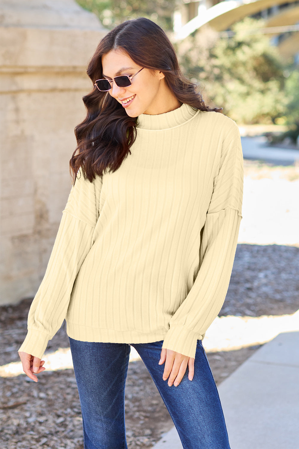 Basic Bae Full Size Ribbed Exposed Seam Mock Neck Knit Top Light Yellow Tops/Jackets/Sweaters Basic Bae Clothing Tops Ship from USA TikTok Trendsi USPS Walmart Trendsi https://www.cyberehub.com