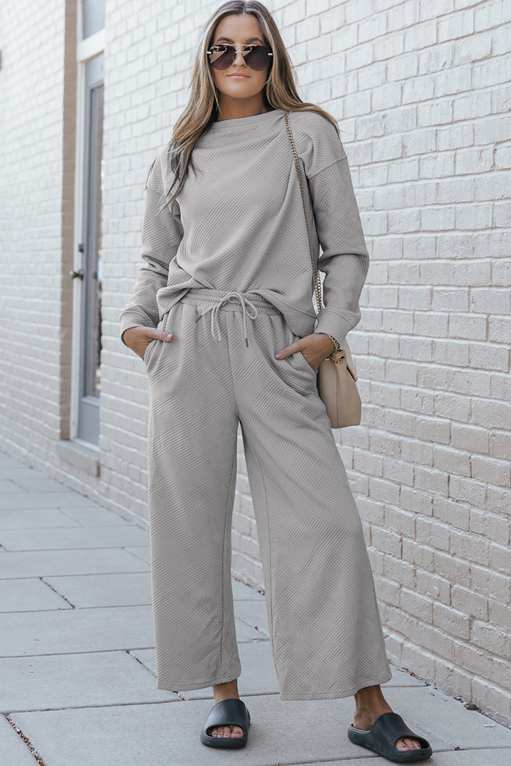 Double Take Full Size Textured Long Sleeve Top and Drawstring Pants Set Light Gray Apparel/Tops Double Take Ship from USA TikTok Tops Trendsi USPS Walmart Walmart Apparel Trendsi https://www.cyberehub.com