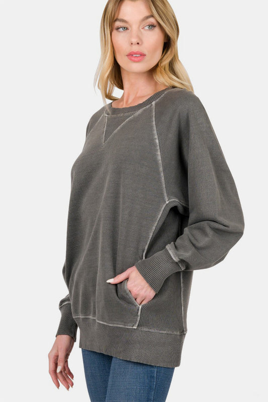 Zenana Round Neck Long Sleeve Sweatshirt Black Apparel/Tops Ship from USA TikTok Tops Trendsi USPS Walmart Walmart Apparel Zenana Trendsi https://www.cyberehub.com
