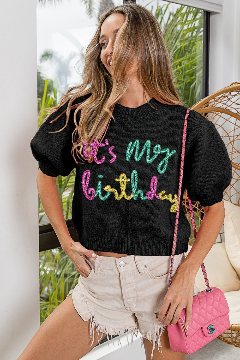 BiBi Metallic Letter Puff Sleeve Hairy Sweater Shirt Apparel BiBi Clothing Tops Ship from USA Shirts USA Women Trendsi https://www.cyberehub.com