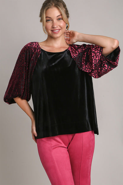 Umgee Round Neck Leopard Balloon Sleeve Velvet Top Black Apparel Apparel Ship from USA TikTok Trendsi Umgee USA Trendsi https://www.cyberehub.com