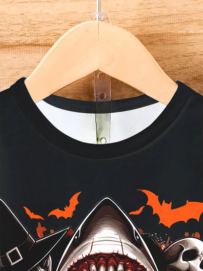 Men's Casual Polyester Round Neck T-shirt With 3D Shark And Halloween Pumpkin Patterns, Fitted Knit Fabric, Slightly Elastic Apparel/Shirt/Graphic Shirt SNULLO https://www.cyberehub.com