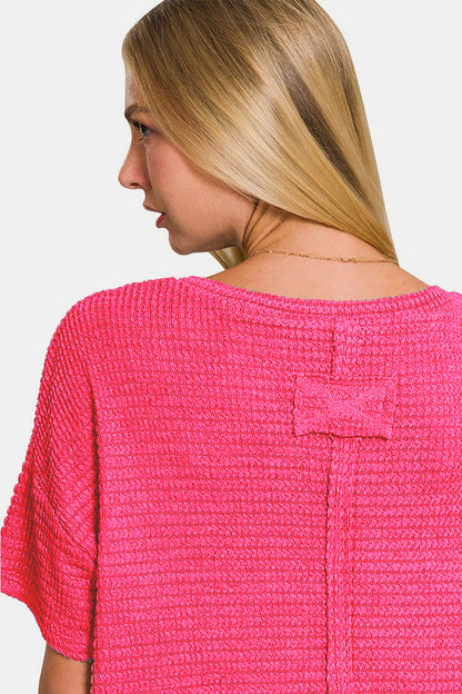 Zenana Drop Shoulder Short Sleeve Jacquard Knit Top Shirt Apparel Clothing Tops Ship from USA Shirts USA Women Zenana Trendsi https://www.cyberehub.com