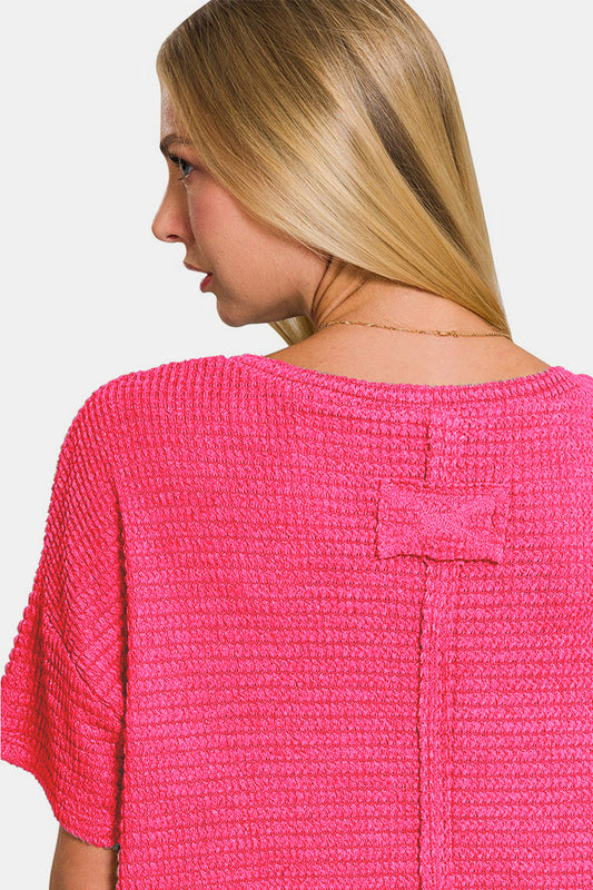 Zenana Drop Shoulder Short Sleeve Jacquard Knit Top Shirt Apparel Clothing Tops Ship from USA Shirts USA Women Zenana Trendsi https://www.cyberehub.com