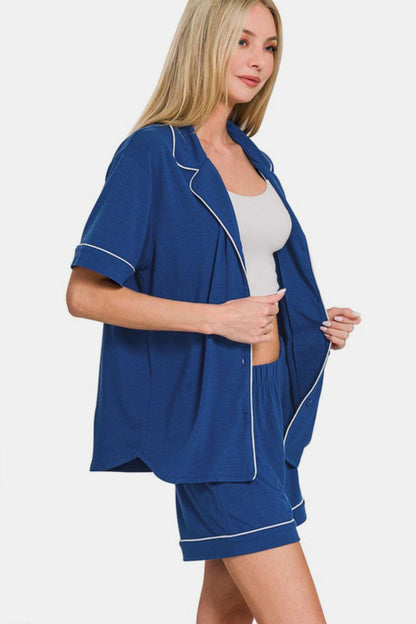 Zenana Button Down Short Sleeve Top and Shorts Lounge Set Apparel Apparel Ship from USA TikTok Trendsi Zenana Trendsi https://www.cyberehub.com