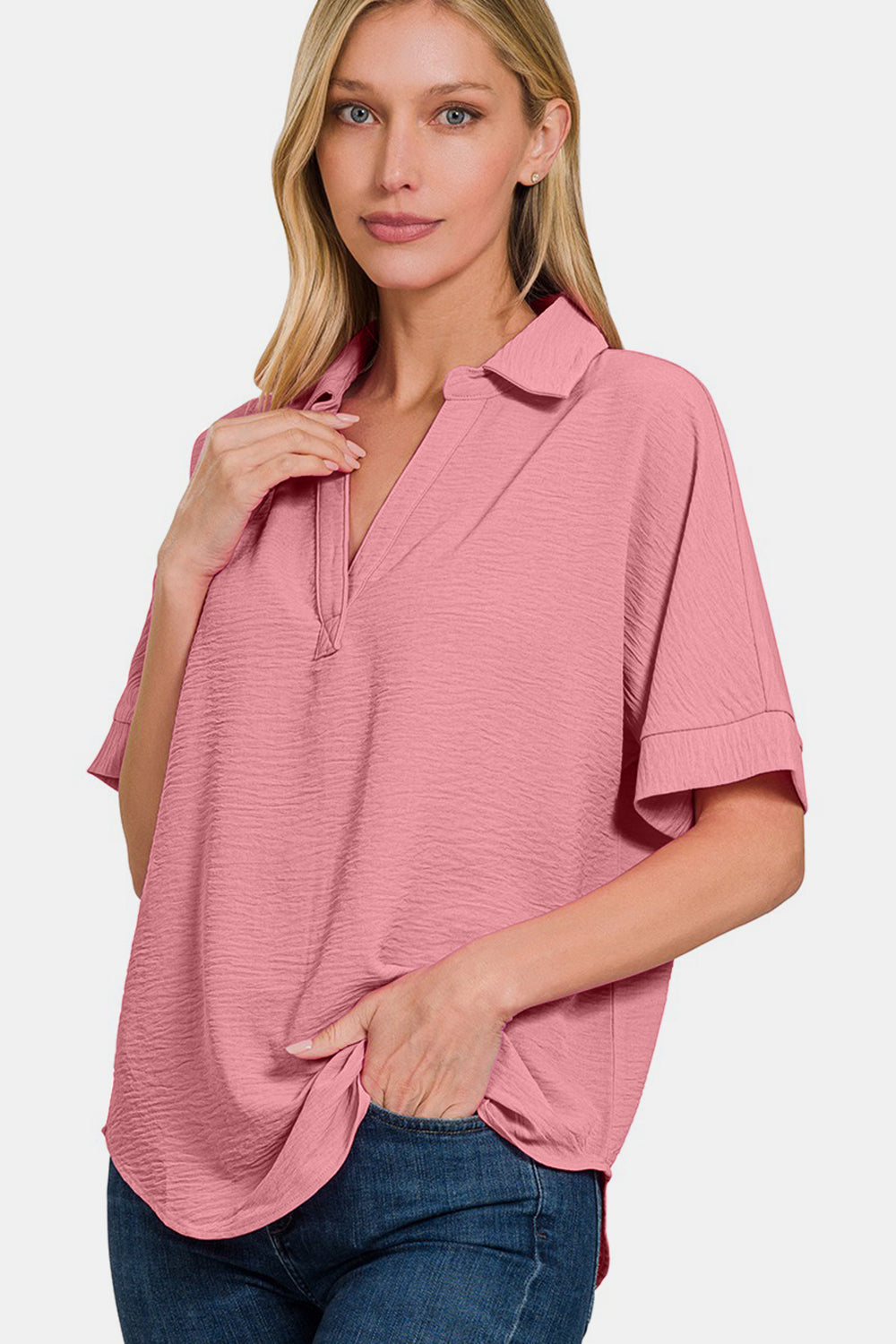 Zenana Texture Collared Neck Short Sleeve Top Tops/Jackets/Sweaters Clothing Tops Ship from USA TikTok Trendsi USPS Walmart Zenana Trendsi https://www.cyberehub.com