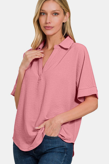 Zenana Texture Collared Neck Short Sleeve Top Tops/Jackets/Sweaters Clothing Tops Ship from USA TikTok Trendsi USPS Walmart Zenana Trendsi https://www.cyberehub.com