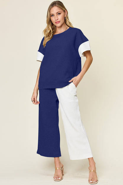 Double Take Full Size Texture Contrast T-Shirt and Wide Leg Pants Set Royal Blue Apparel/Tops Double Take Ship from USA TikTok Tops Trendsi USPS Walmart Walmart Apparel Trendsi https://www.cyberehub.com