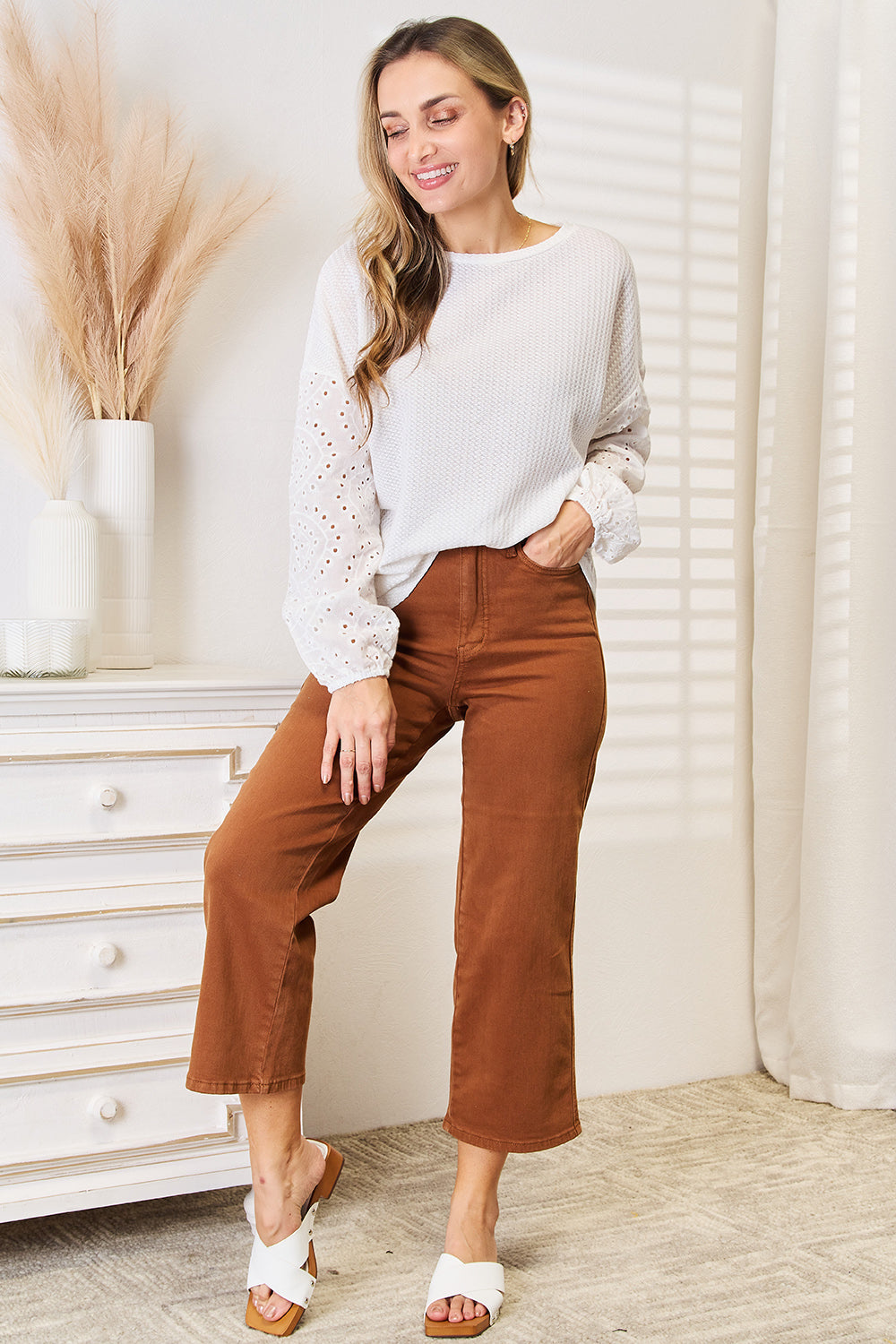 Shiny Eyelet Dropped Shoulder Round Neck Blouse Apparel/Tops Doorbusters Shiny Ship from USA TikTok Tops Trendsi USPS Walmart Walmart Apparel Trendsi https://www.cyberehub.com