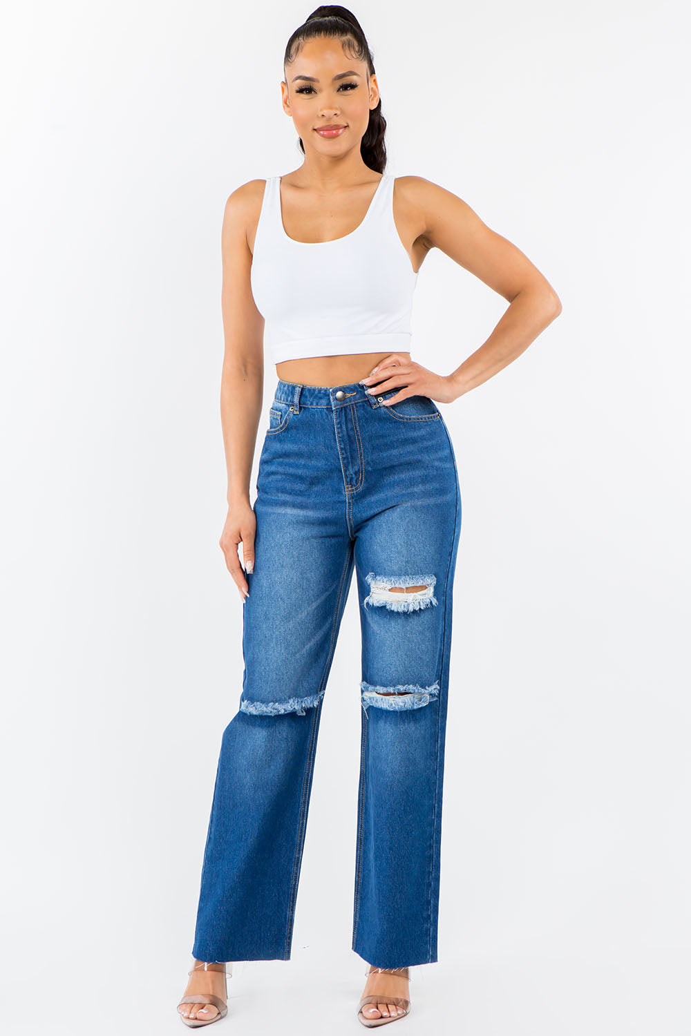 American Bazi High Waist Distressed Wide Leg Jeans Bottoms American Bazi Bottoms Clothing Ship from USA Women Trendsi https://www.cyberehub.com