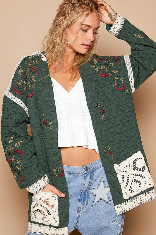 POL Embroidered Open Front Quilted Jacket with Crochet Pockets Dark Green Tops/Jackets/Sweaters Clothing Tops POL Ship from USA TikTok Trendsi USPS Walmart Trendsi https://www.cyberehub.com