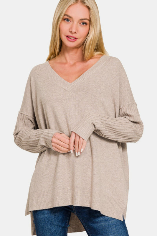 Zenana V-Neck Side Slit High-Low Sweater H Mocha Shirt Apparel Clothing Tops Ship from USA Shirts USA Women Zenana Trendsi https://www.cyberehub.com