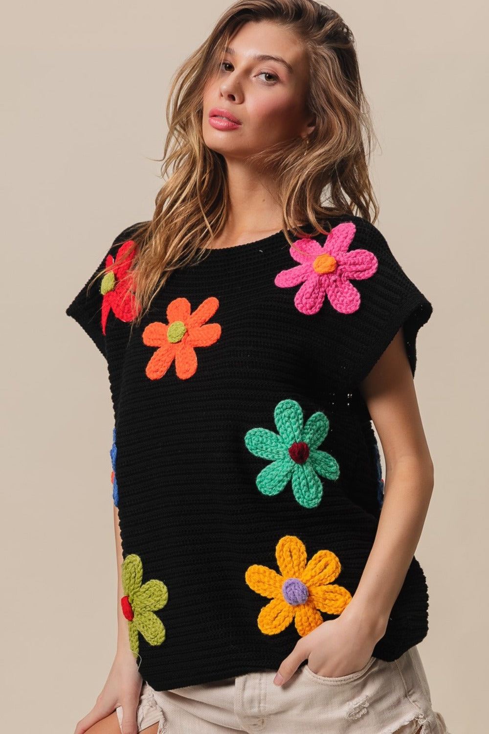 BiBi Flower Round Neck Cap Sleeve Knit Top Shirt Apparel BiBi Clothing Tops Ship from USA Shirts USA Women Trendsi https://www.cyberehub.com