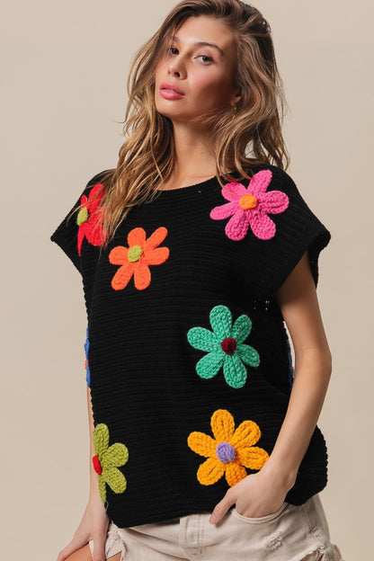 BiBi Flower Round Neck Cap Sleeve Knit Top Shirt Apparel BiBi Clothing Tops Ship from USA Shirts USA Women Trendsi https://www.cyberehub.com