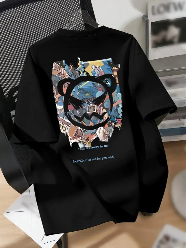 Boys' Colorful Cat Head Graphic Tee - Casual Crew Neck, Short Sleeve, Machine Washable - Perfect For Spring Summer Black Apparel/Shirt/Graphic Shirt SNULLO https://www.cyberehub.com