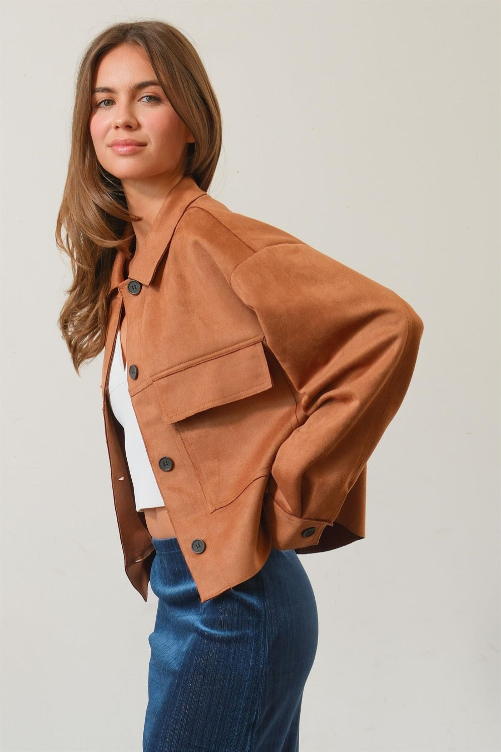 HYFVE Suede Button Down Cropped Jacket Shirt Apparel Clothing Tops HYFVE Ship from USA Shirts USA Women Trendsi https://www.cyberehub.com