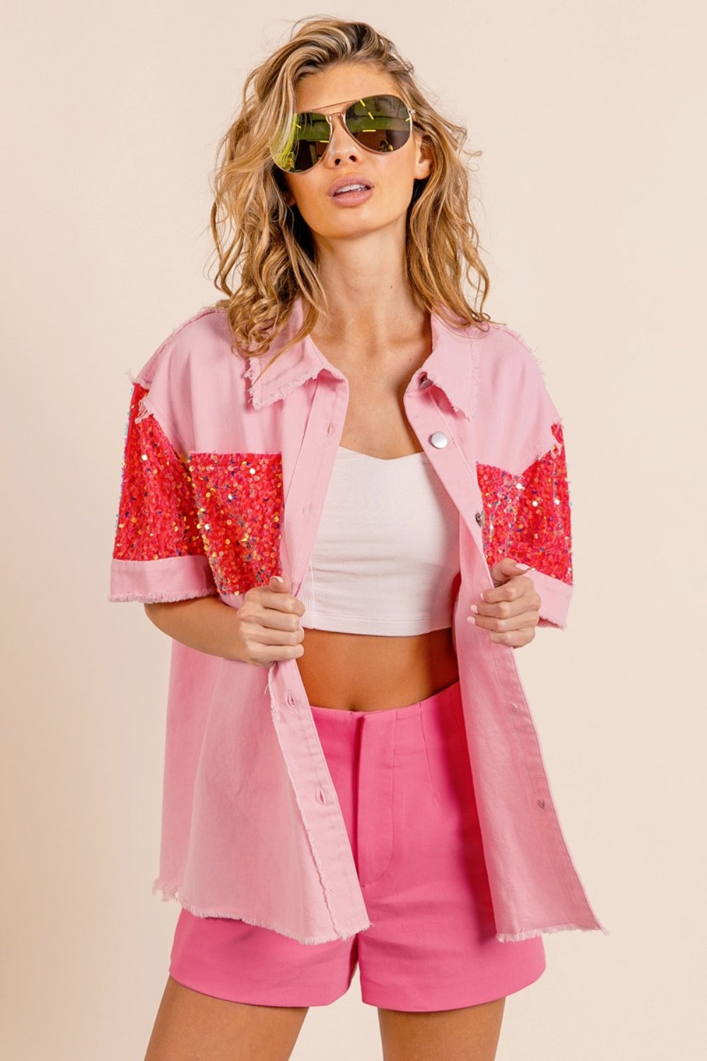 BiBi Sequin Detail Raw Hem Short Sleeve Shirt Apparel/Tops BiBi Ship from USA TikTok Tops Trendsi USPS Walmart Walmart Apparel Trendsi https://www.cyberehub.com