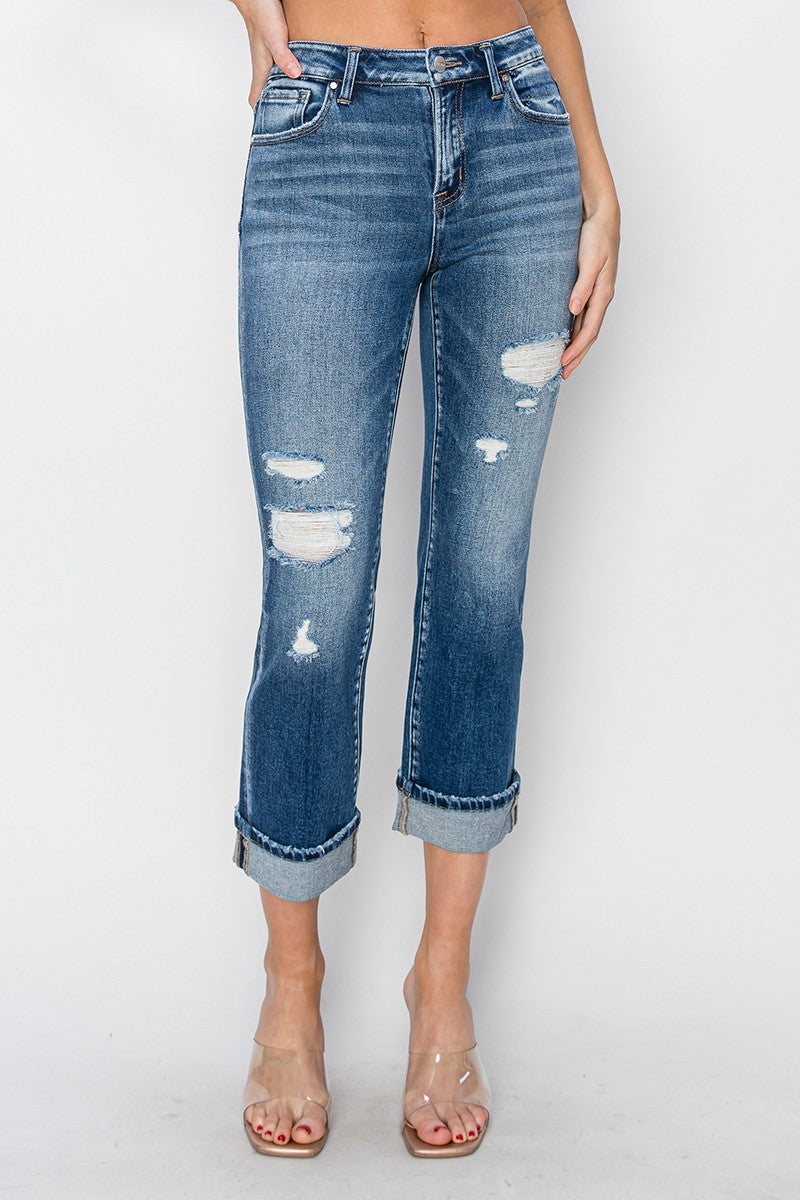 RISEN Full Size Cuffed Ankle Distressed Straight Jeans Bottoms Bottoms Clothing RISEN Ship from USA Women Trendsi https://www.cyberehub.com