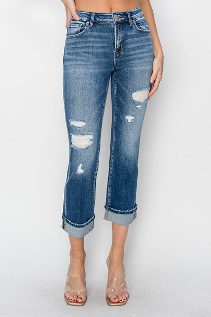 RISEN Full Size Cuffed Ankle Distressed Straight Jeans Bottoms Bottoms Clothing RISEN Ship from USA Women Trendsi https://www.cyberehub.com