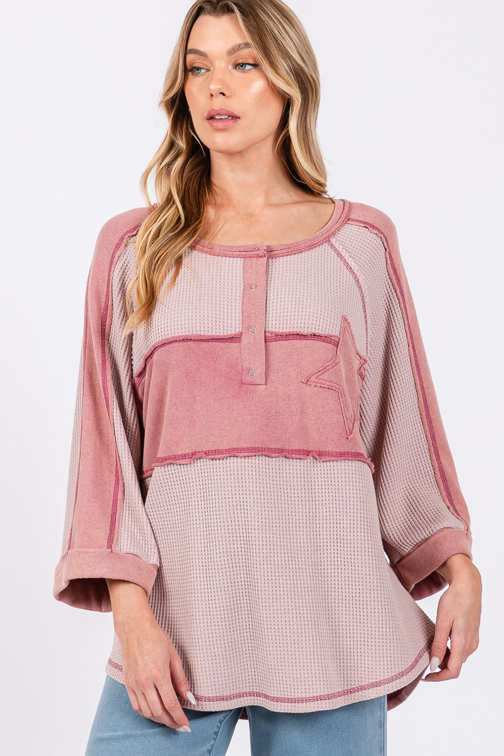 SAGE + FIG Star Applique Patch Exposed Seam Waffle Knit Top Shirt Apparel Clothing Tops SAGE+FIG Ship from USA Shirts USA Women Trendsi https://www.cyberehub.com