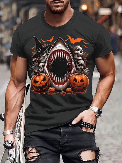 Men's Casual Polyester Round Neck T-shirt With 3D Shark And Halloween Pumpkin Patterns, Fitted Knit Fabric, Slightly Elastic Apparel/Shirt/Graphic Shirt SNULLO https://www.cyberehub.com