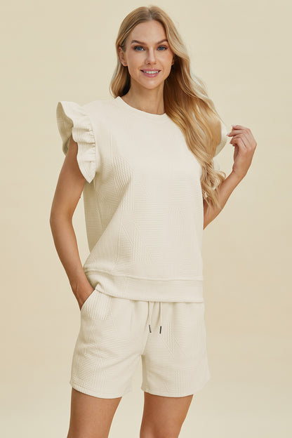 Double Take Full Size Texture Round Neck Ruffle Sleeve Top and Shorts Set Tops/Jackets/Sweaters Clothing Tops Double Take Ship from USA TikTok Trendsi USPS Walmart Trendsi https://www.cyberehub.com