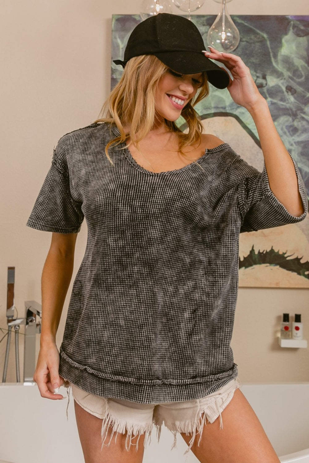 BiBi Washed Notched Short Sleeve Top Black Charcoal Tops/Jackets/Sweaters BiBi Clothing Tops Ship from USA TikTok Trendsi USPS Walmart Trendsi https://www.cyberehub.com