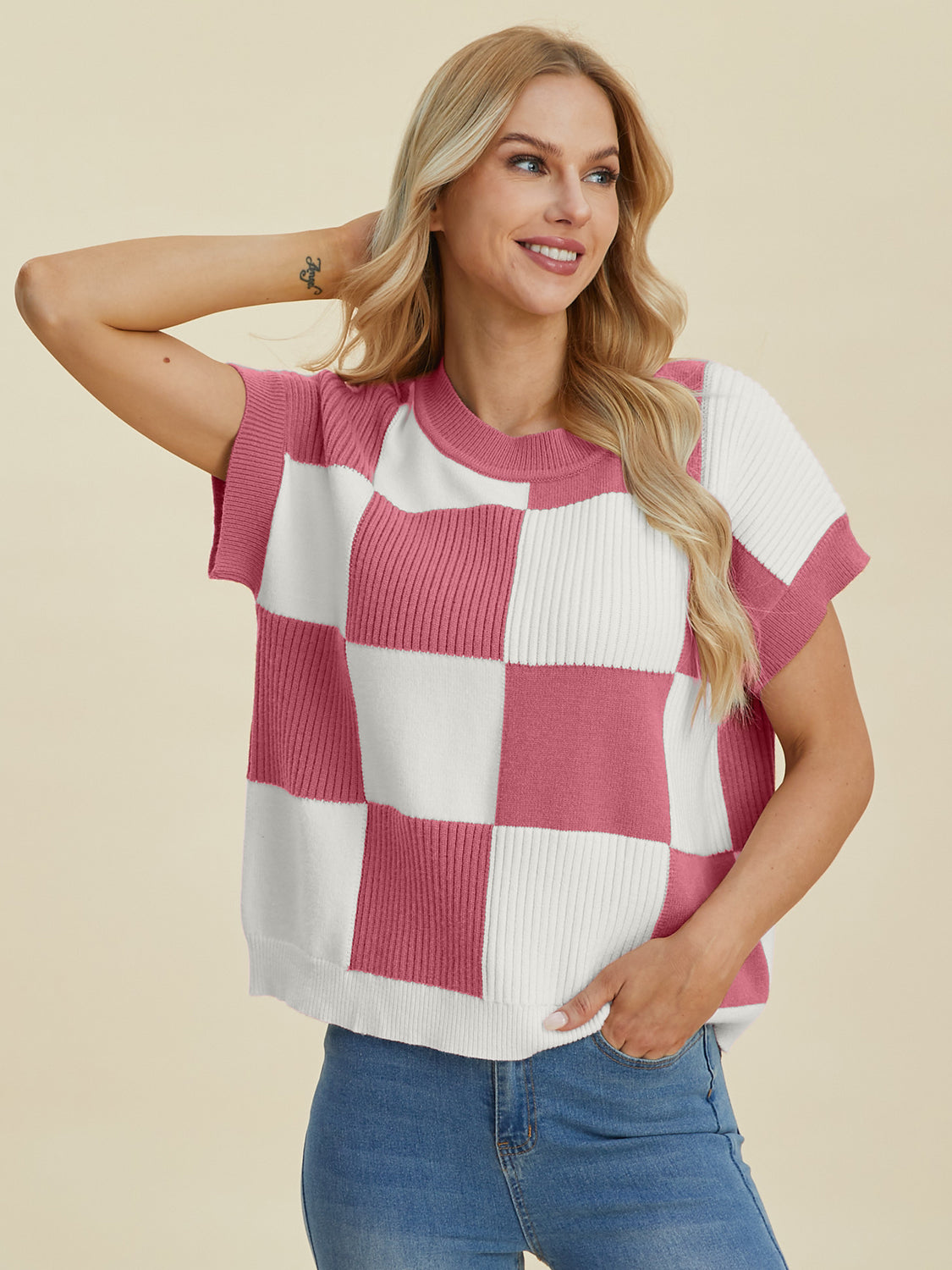 Double Take Full Size Checkered Round Neck Short Sleeve Sweater Shirt Apparel Clothing Tops Double Take Ship from USA Shirts USA Women Trendsi https://www.cyberehub.com