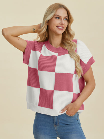 Double Take Full Size Checkered Round Neck Short Sleeve Sweater Shirt Apparel Clothing Tops Double Take Ship from USA Shirts USA Women Trendsi https://www.cyberehub.com