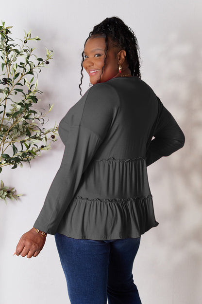 Double Take Half Button Long Sleeve Ruffle Hem Blouse Apparel/Tops Double Take Ship from USA TikTok Tops Trendsi USPS Walmart Walmart Apparel Trendsi https://www.cyberehub.com