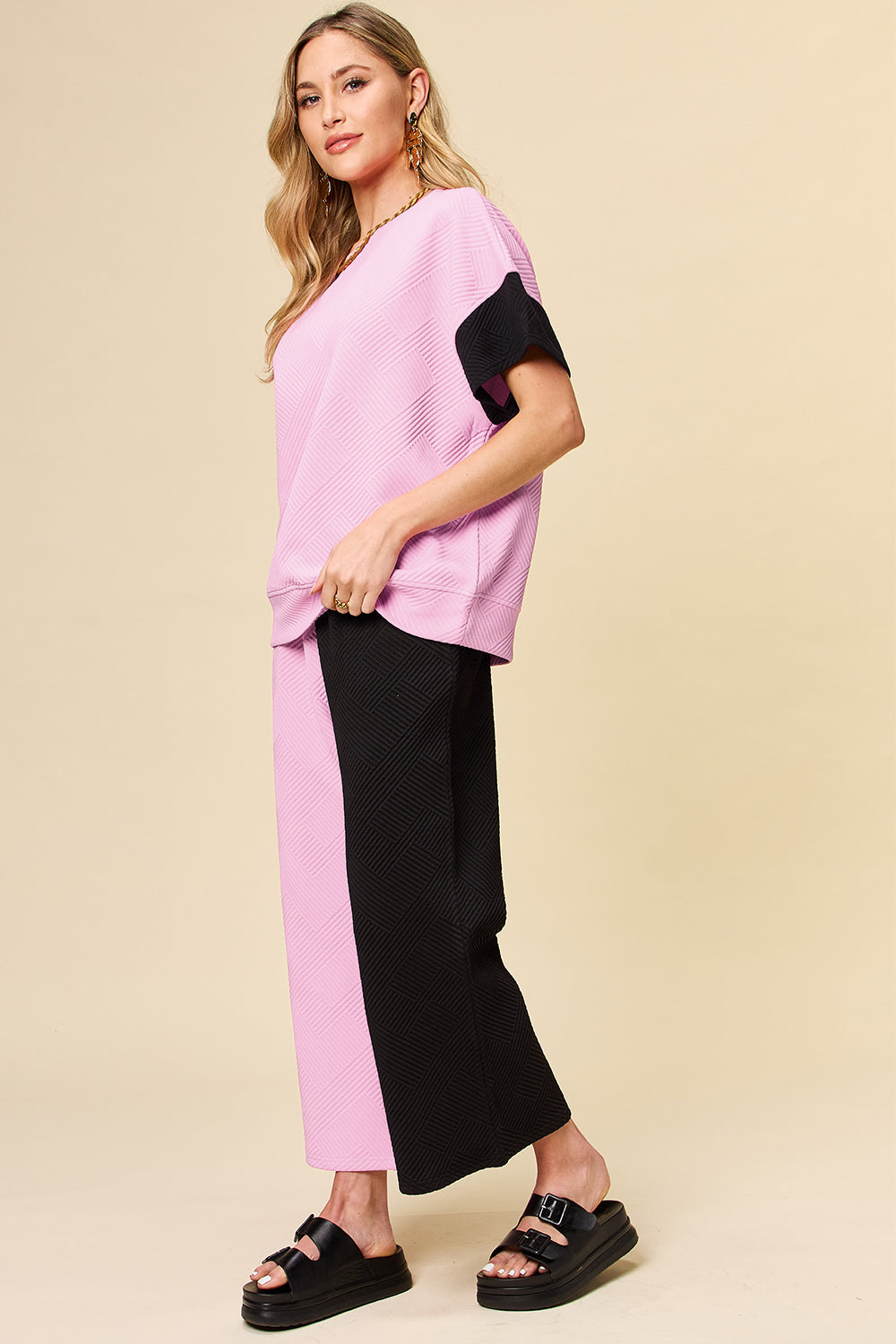 Double Take Full Size Texture Contrast T-Shirt and Wide Leg Pants Set Apparel/Tops Double Take Ship from USA TikTok Tops Trendsi USPS Walmart Walmart Apparel Trendsi https://www.cyberehub.com
