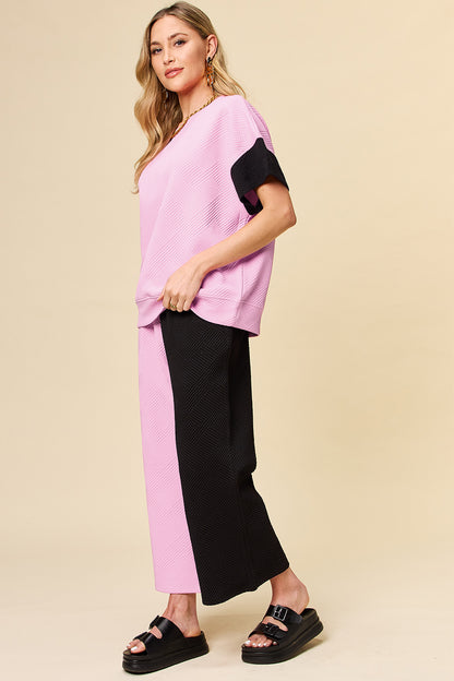 Double Take Full Size Texture Contrast T-Shirt and Wide Leg Pants Set Apparel/Tops Double Take Ship from USA TikTok Tops Trendsi USPS Walmart Walmart Apparel Trendsi https://www.cyberehub.com