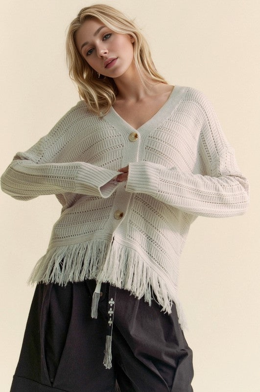 Davi & Dani Fringe V-Neck Button Up Long Sleeve Cardigan Silver Grey Apparel Davi & Dani Featured Ship from USA Tiktok Trendsi USA USPS Walmart Trendsi https://www.cyberehub.com